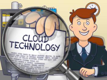Officeman Showing Concept on Paper Cloud Technology. Closeup View through Magnifying Glass. Multicolor Doodle Illustration.