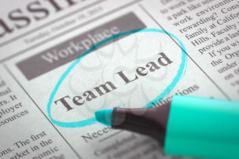 Team Lead - Jobs in Newspaper, Circled with a Azure Marker. Blurred Image with Selective focus. Job Search Concept. 3D Rendering.