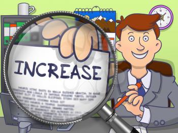 Increase on Paper in Businessman's Hand through Magnifier to Illustrate a Business Concept. Multicolor Doodle Style Illustration.