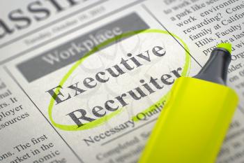 Executive Recruiter - Small Ads of Job Search in Newspaper, Circled with a Yellow Marker. Blurred Image with Selective focus. Hiring Concept. 3D Render.