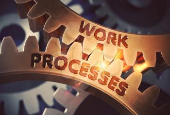 Work Processes on the Mechanism of Golden Cog Gears. Work Processes - Illustration with Lens Flare. 3D Rendering.