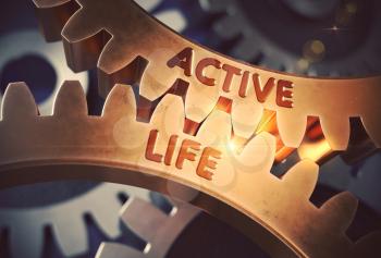 Active Life on Mechanism of Golden Metallic Cog Gears with Lens Flare. Active Life - Industrial Illustration with Glow Effect and Lens Flare. 3D Rendering.