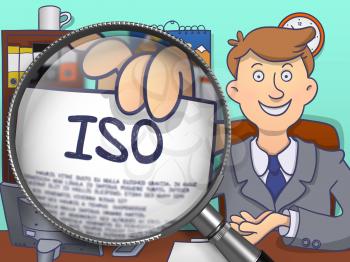 ISO - International Organization Standardization. Officeman Holds Out a Paper with Concept through Magnifying Glass. Multicolor Modern Line Illustration in Doodle Style.