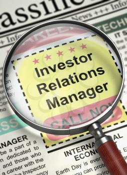 Investor Relations Manager - Searching Job in Newspaper. Newspaper with Small Ads of Job Search Investor Relations Manager. Hiring Concept. Selective focus. 3D Illustration.