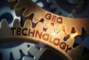 Geo Technology - Technical Design. Geo Technology on the Mechanism of Golden Cogwheels with Glow Effect. 3D Rendering.