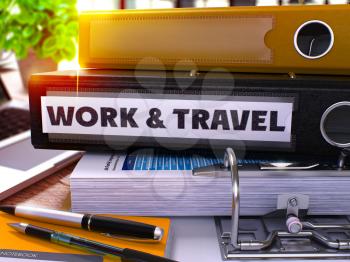 Black Office Folder with Inscription Work and Travel on Office Desktop with Office Supplies and Modern Laptop. Work and Travel Business Concept on Blurred Background. Toned Image. 3D Rendering.