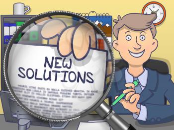 New Solutions. Concept on Paper in Man's Hand through Magnifier. Colored Doodle Illustration.