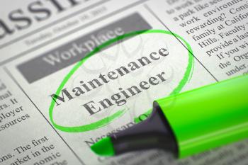 Maintenance Engineer - Small Ads of Job Search in Newspaper, Circled with a Green Marker. Blurred Image with Selective focus. Concept of Recruitment. 3D.