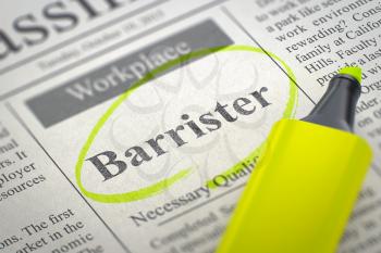 Barrister. Newspaper with the Small Ads of Job Search, Circled with a Yellow Highlighter. Blurred Image with Selective focus. Job Seeking Concept. 3D Rendering.