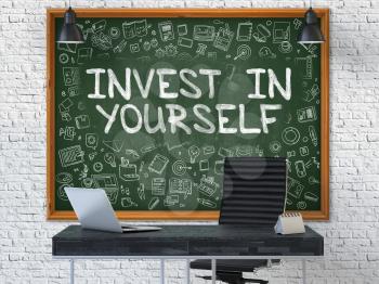Hand Drawn Invest in Yourself on Green Chalkboard. Modern Office Interior . White Brick Wall Background. Business Concept with Doodle Style Elements. 3D.