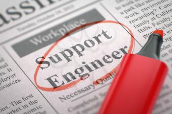Support Engineer - Vacancy in Newspaper, Circled with a Red Highlighter. Blurred Image. Selective focus. Hiring Concept. 3D Illustration.