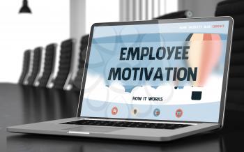 Employee Motivation Concept. Closeup Landing Page on Mobile Computer Screen on Background of Conference Hall in Modern Office. Toned. Blurred Image. 3D Render.