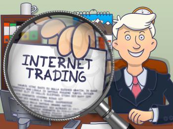 Internet Trading. Cheerful Officeman Sitting in Office and Holding a Paper with Text through Lens. Colored Doodle Style Illustration.