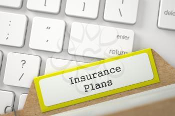 Insurance Plans. Yellow Folder Register on Background of White Modern Keypad. Archive Concept. Closeup View. Selective Focus. 3D Rendering.