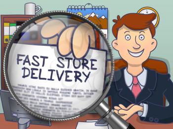 Fast Store Delivery on Paper in Officeman's Hand to Illustrate a Business Concept. Closeup View through Magnifying Glass. Colored Modern Line Illustration in Doodle Style.
