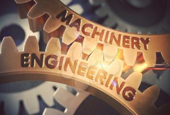 Machinery Engineering on Mechanism of Golden Metallic Gears. Machinery Engineering Golden Gears. 3D Rendering.