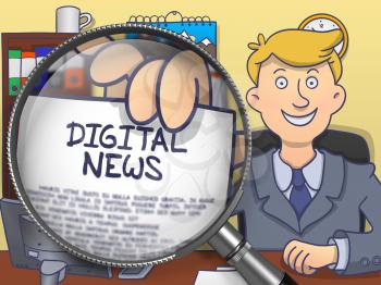 Digital News.  Officeman in Office Workplace Showing Concept on Paper through Magnifying Glass. Multicolor Doodle Style Illustration.