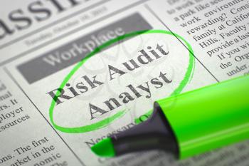 Risk Audit Analyst. Newspaper with the Small Ads of Job Search, Circled with a Green Highlighter. Blurred Image. Selective focus. Hiring Concept. 3D Rendering.