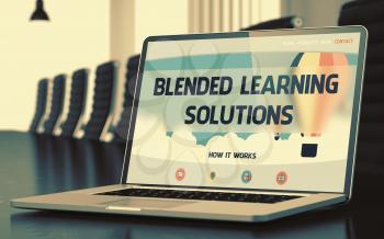 Blended Learning Solutions on Landing Page of Laptop Display in Modern Conference Room Closeup View. Toned Image. Selective Focus. 3D Render.
