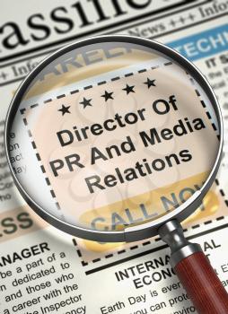 Director Of PR And Media Relations. Newspaper with the Small Ads of Job Search. Newspaper with Small Advertising Director Of PR And Media Relations. Job Seeking Concept. Blurred Image. 3D Render.