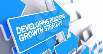 Developing Business Growth Strategy - Blue Arrow with a Text Indicates the Direction of Movement. Developing Business Growth Strategy, Text on the Blue Arrow. 3D.