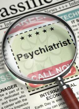 Illustration of Small Advertising of Psychiatrist in Newspaper with Magnifying Lens. Psychiatrist. Newspaper with the Vacancy. Job Search Concept. Blurred Image with Selective focus. 3D Rendering.