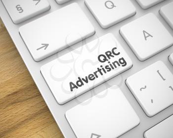 Service Concept: QRC Advertising on Laptop Keyboard lying on the Wood Background. Inscription on the Keyboard Enter Button, for QRC Advertising Concept. 3D Render.
