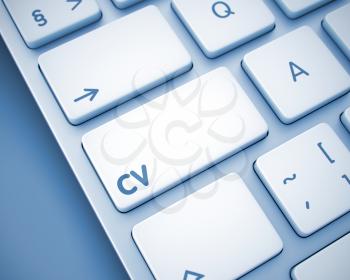 Service Concept: CV on the Modern Keyboard Background. High Quality Render of a Modernized Keyboard Key. The Key is in Color and there is Text CV on It. Keyboard is sitting on Toned Background. 3D.
