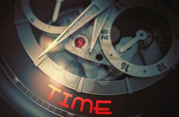 Time - Men Wrist Watch with Visible Mechanism and Inscription on Face. Fashion Pocket Watch Machinery Macro Detail with Inscription Time. Business Concept with Lens Flare. 3D Rendering.