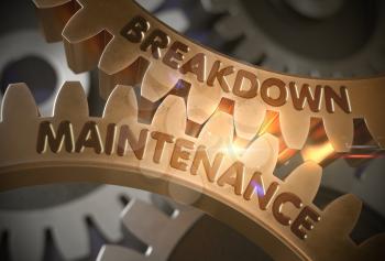 Breakdown Maintenance Golden Cogwheels. Breakdown Maintenance - Industrial Illustration with Glow Effect and Lens Flare. 3D Rendering.