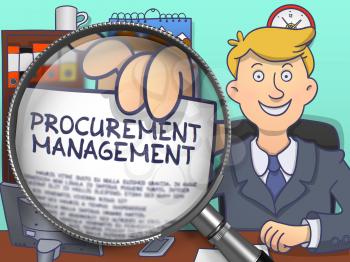 Procurement Management. Handsome Business Man Sitting in Offiice and Shows Paper with Concept through Lens. Colored Doodle Illustration.