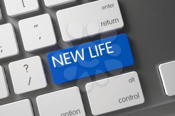 New Life Concept Computer Keyboard with New Life on Blue Enter Key Background, Selected Focus. 3D Illustration.