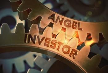 Angel Investor on the Mechanism of Golden Gears with Glow Effect. Angel Investor on Mechanism of Golden Gears. 3D Rendering.