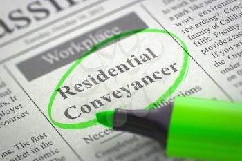Residential Conveyancer - Classified Advertisement of Hiring in Newspaper, Circled with a Green Marker. Blurred Image with Selective focus. Job Seeking Concept. 3D Render.