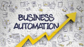 Business Automation - Success Concept with Doodle Icons Around on Brick Wall Background. Business Automation - Business Concept. Inscription on White Brickwall with Doodle Design Icons Around. 