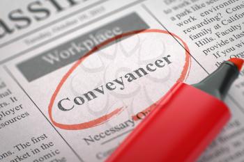 A Newspaper Column in the Classifieds with the Vacancy of Conveyancer, Circled with a Red Marker. Blurred Image. Selective focus. Concept of Recruitment. 3D.