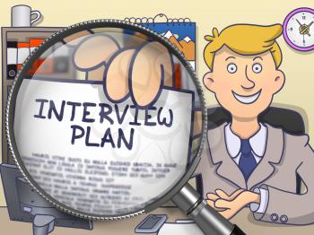 Officeman in Suit Looking at Camera and Showing Text on Paper Interview Plan Concept through Lens. Closeup View. Multicolor Modern Line Illustration in Doodle Style.