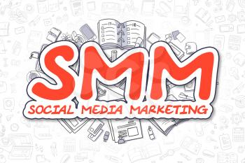 Red Inscription - SMM - Social Media Marketing. Business Concept with Cartoon Icons. SMM - Social Media Marketing - Hand Drawn Illustration for Web Banners and Printed Materials. 