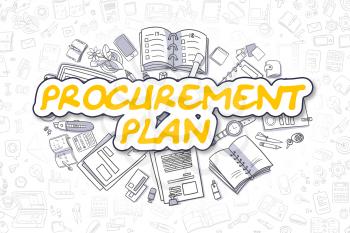Procurement Plan Doodle Illustration of Yellow Text and Stationery Surrounded by Cartoon Icons. Business Concept for Web Banners and Printed Materials. 