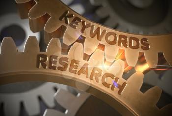 Golden Gears with Keywords Research Concept. Keywords Research - Industrial Illustration with Glow Effect and Lens Flare. 3D Rendering.