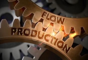 Flow Production Golden Cogwheels. Flow Production on the Mechanism of Golden Cogwheels. 3D Rendering.