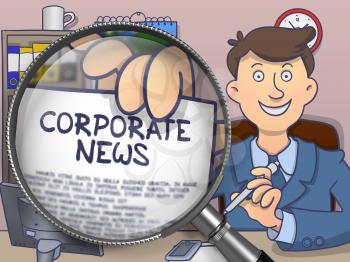 Man in Office Workplace Showing Concept on Paper Corporate News. Closeup View through Magnifier. Colored Modern Line Illustration in Doodle Style.