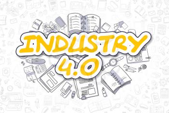 Yellow Text - Industry 4.0. Business Concept with Cartoon Icons. Industry 4.0 - Hand Drawn Illustration for Web Banners and Printed Materials. 