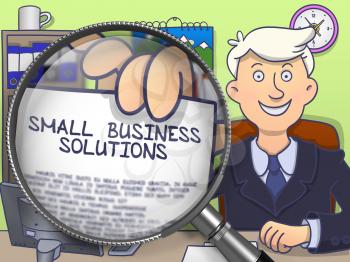 Small Business Solutions. Businessman in Office Workplace Shows through Magnifying Glass Paper with Text. Multicolor Modern Line Illustration in Doodle Style.