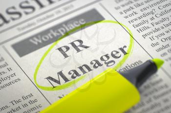 PR Manager - Classified Advertisement of Hiring in Newspaper, Circled with a Yellow Marker. Blurred Image. Selective focus. Job Search Concept. 3D.