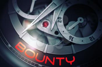 Men Wrist Watch Machinery Macro Detail and Inscription - Bounty. Gears and Mainspring in the Mechanism of a Watch with Bounty on Face of It. Time Concept with Lens Flare. 3D Rendering.