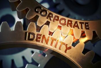 Corporate Identity on Mechanism of Golden Metallic Cogwheels with Glow Effect. Golden Metallic Cogwheels with Corporate Identity Concept. 3D Rendering.
