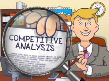 Competitive Analysis through Lens. Businessman Showing Paper with Inscription. Closeup View. Colored Doodle Style Illustration.