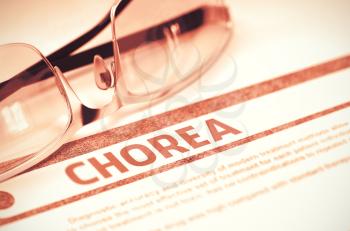 Diagnosis - Chorea. Medicine Concept with Blurred Text and Glasses on Red Background. Selective Focus. 3D Rendering.