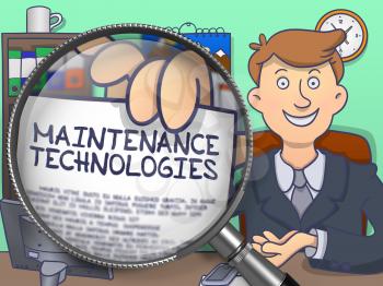 Officeman in Suit Looking at Camera and Showing Concept on Paper Maintenance Technologies Concept through Lens. Closeup View. Multicolor Modern Line Illustration in Doodle Style.